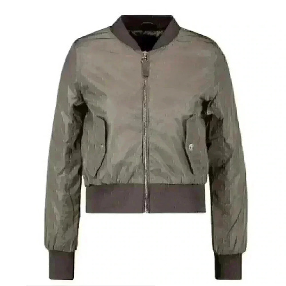 Womens Boohoo Zip through Bomber Jacket XS Khaki - Picture 1 of 14